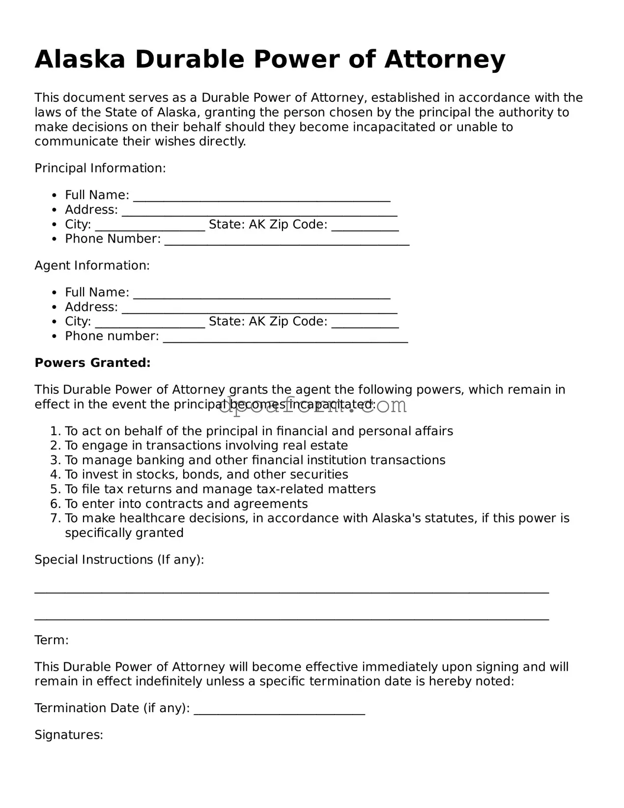 Attorney-Approved Durable Power of Attorney Form for the State of Alaska