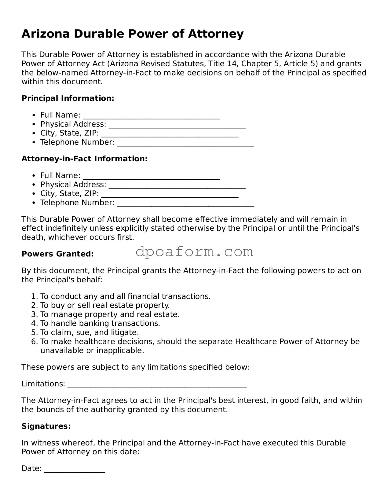 Attorney-Approved Durable Power of Attorney Form for the State of Arizona