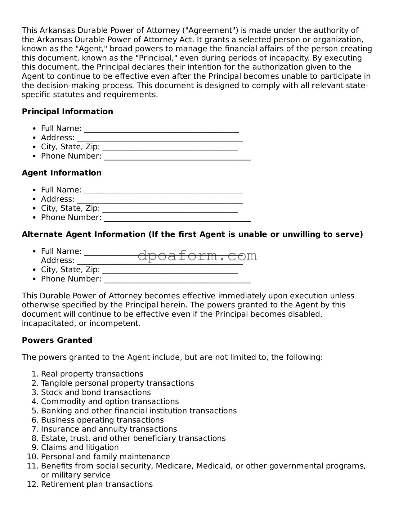 Attorney-Approved Durable Power of Attorney Form for the State of Arkansas
