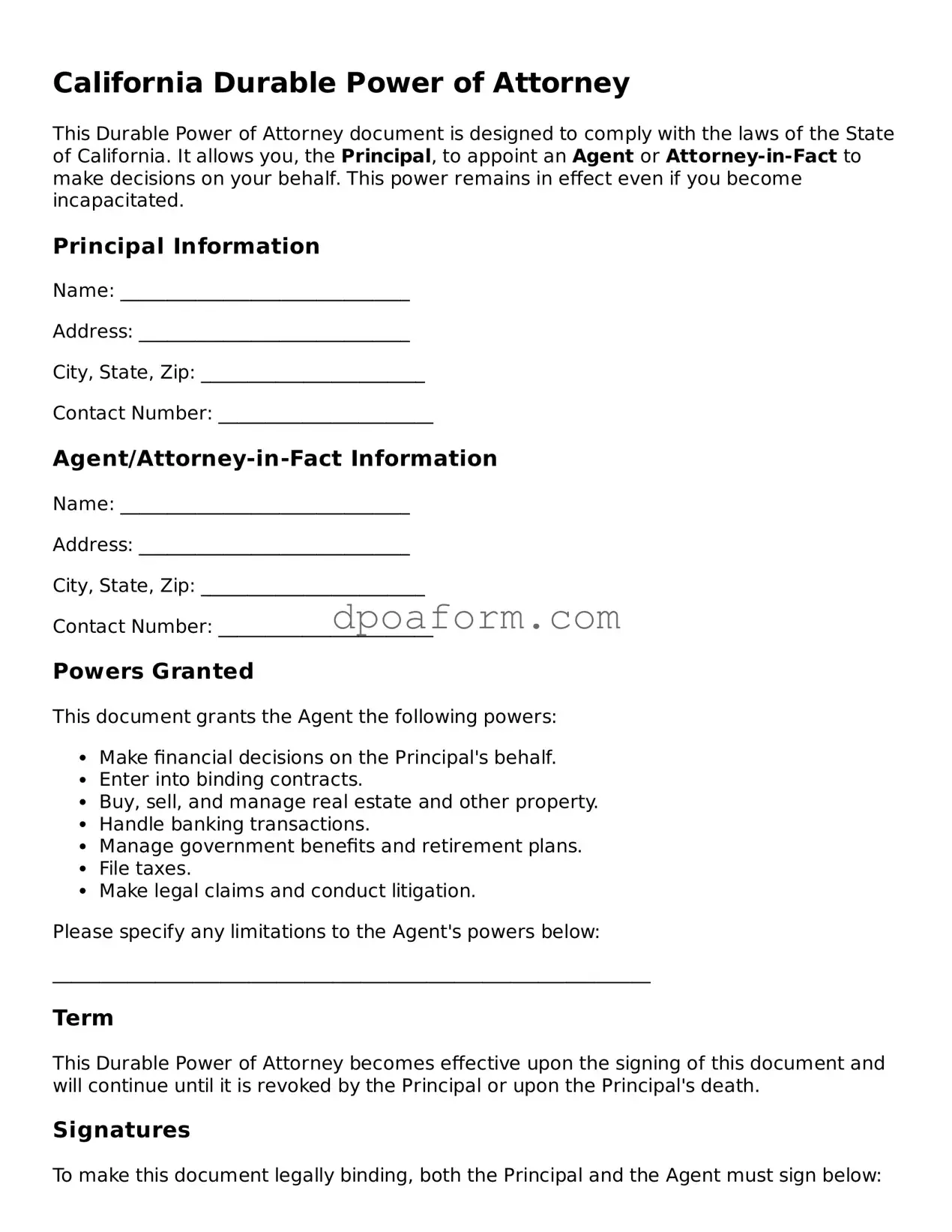 Attorney-Approved Durable Power of Attorney Form for the State of California