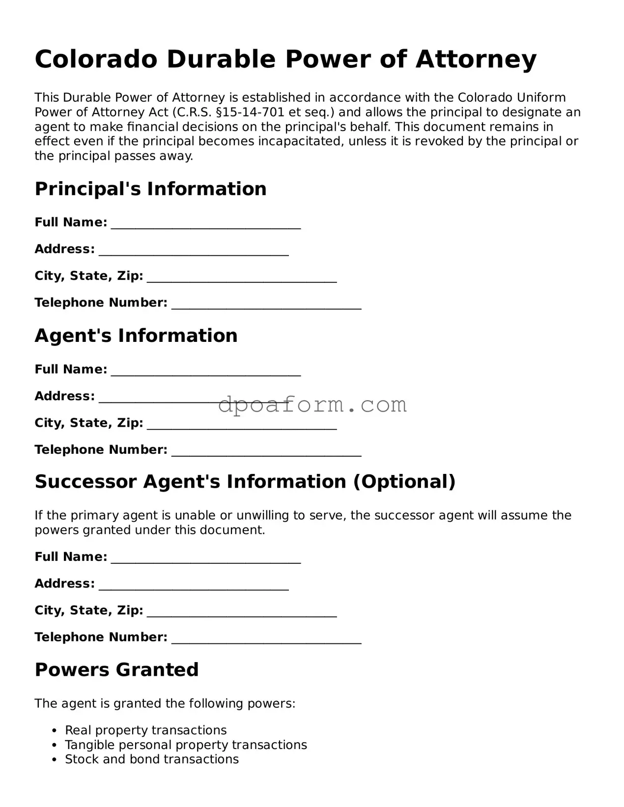 Attorney-Approved Durable Power of Attorney Form for the State of Colorado