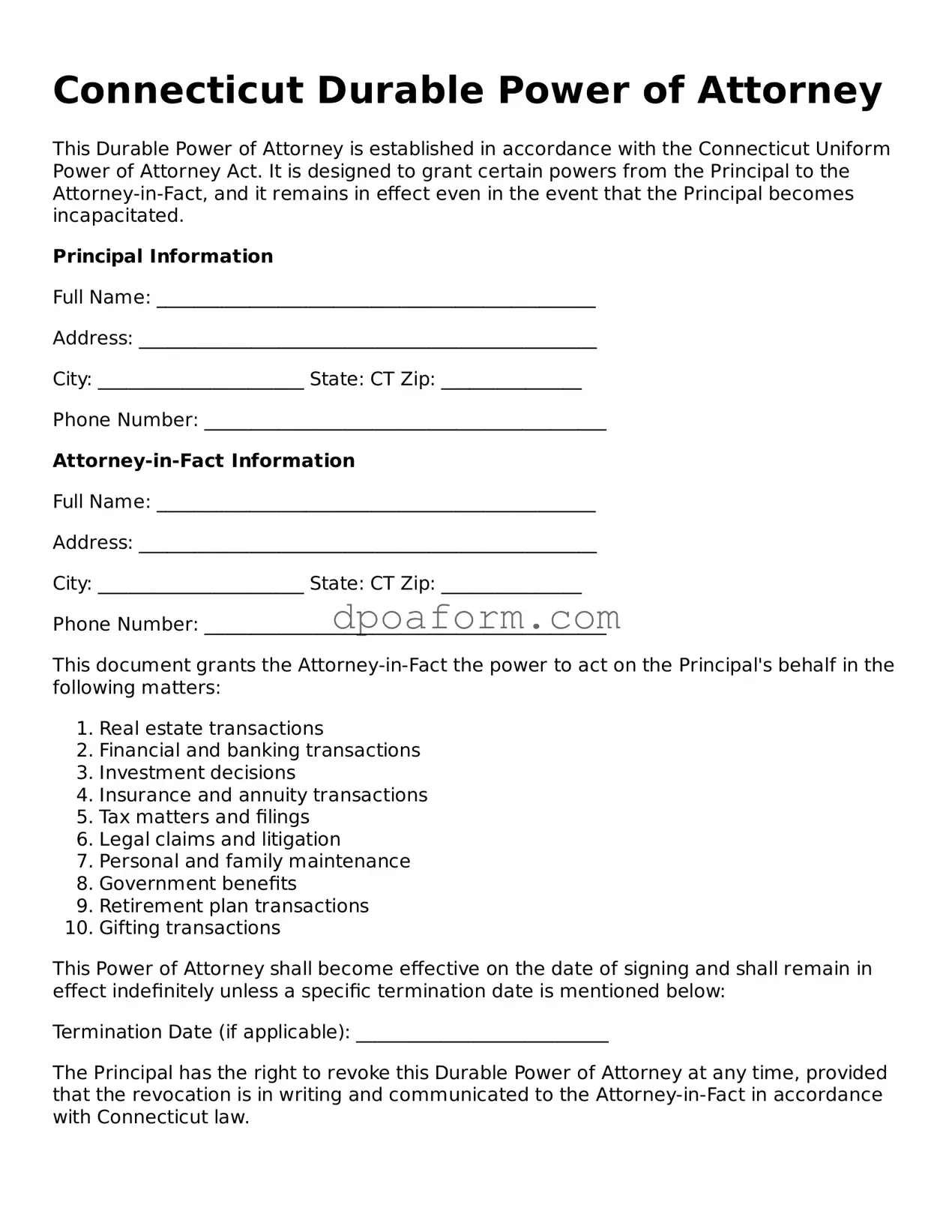 Attorney-Approved Durable Power of Attorney Form for the State of Connecticut