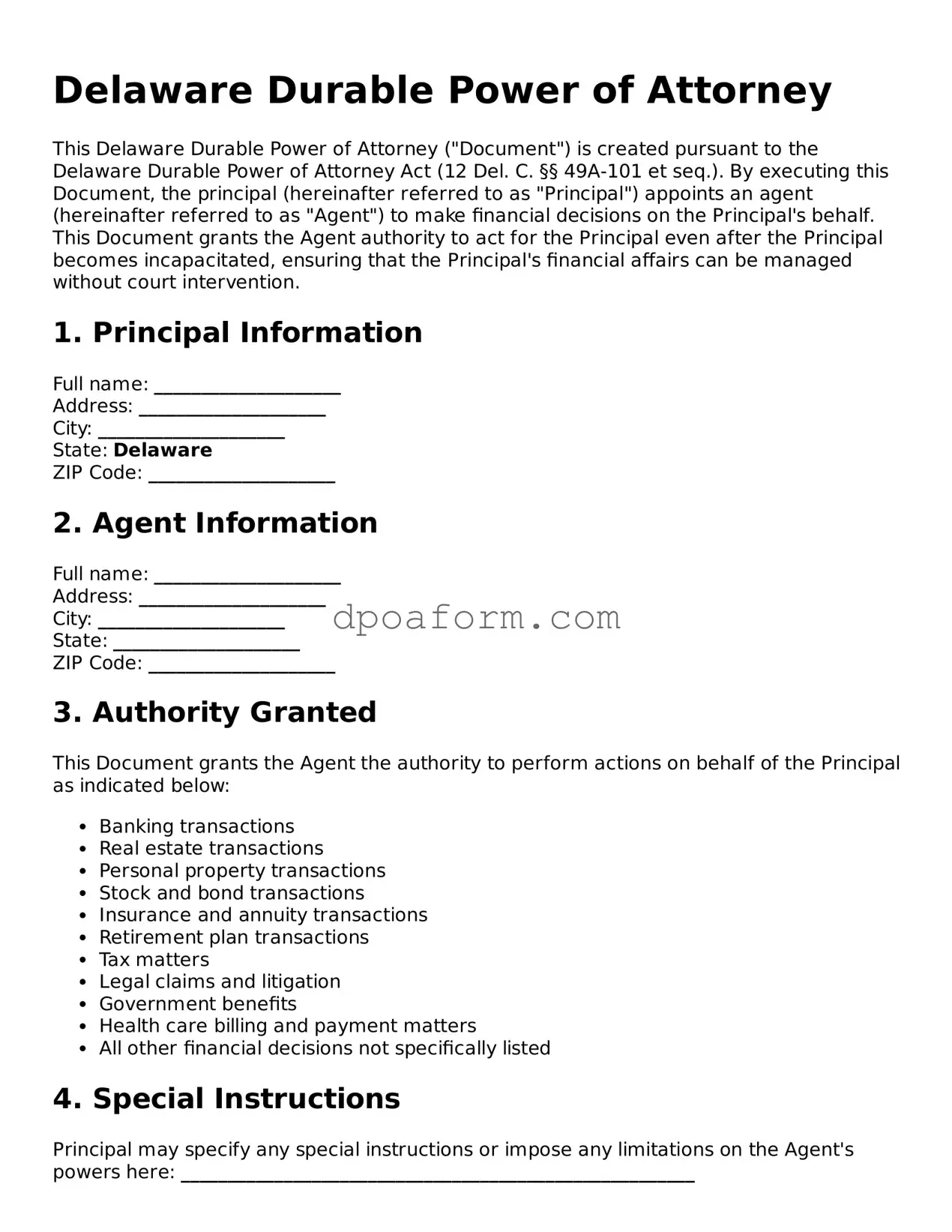 Attorney-Approved Durable Power of Attorney Form for the State of Delaware