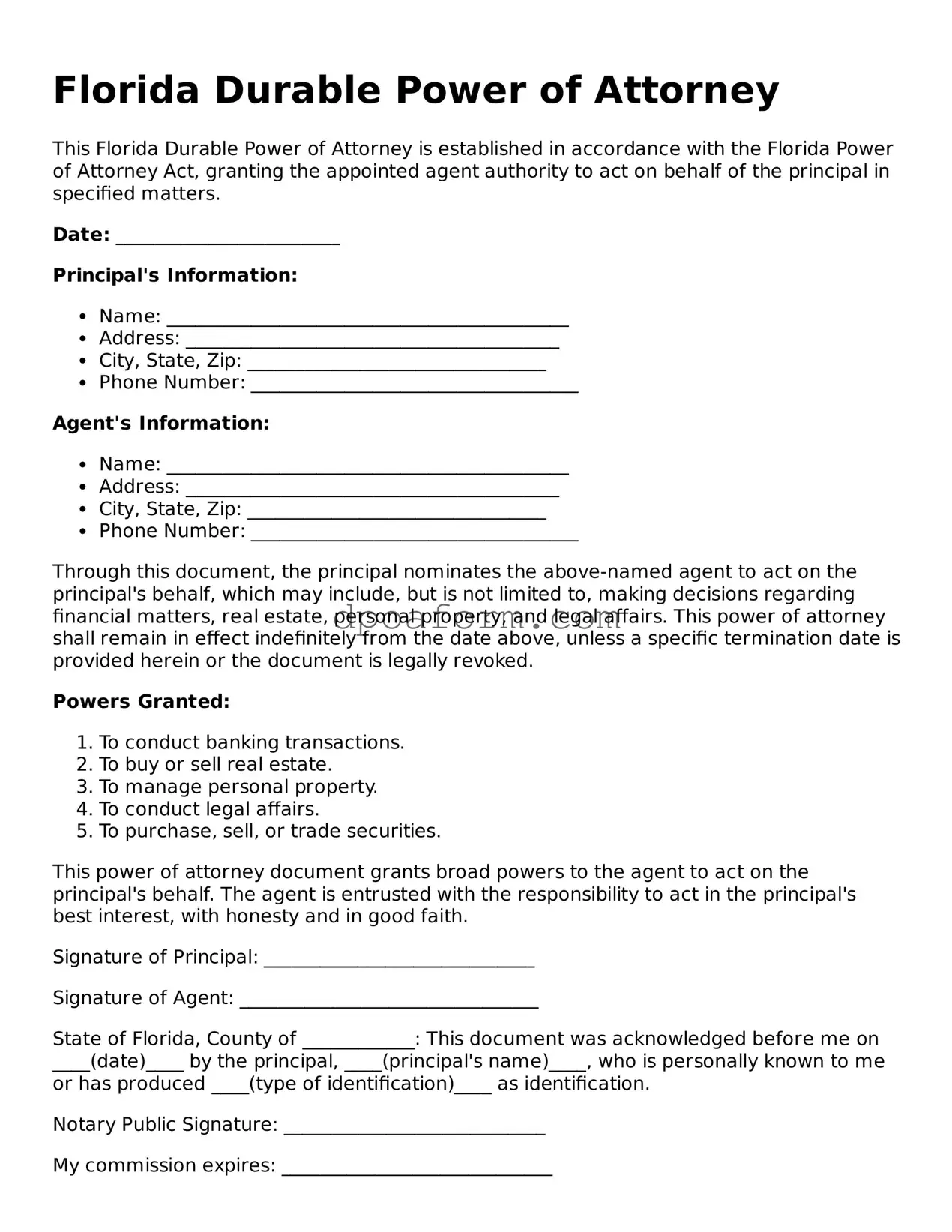Attorney-Approved Durable Power of Attorney Form for the State of Florida
