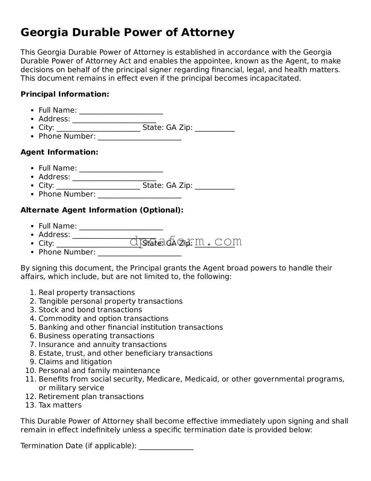 Attorney-Approved Durable Power of Attorney Form for the State of Georgia