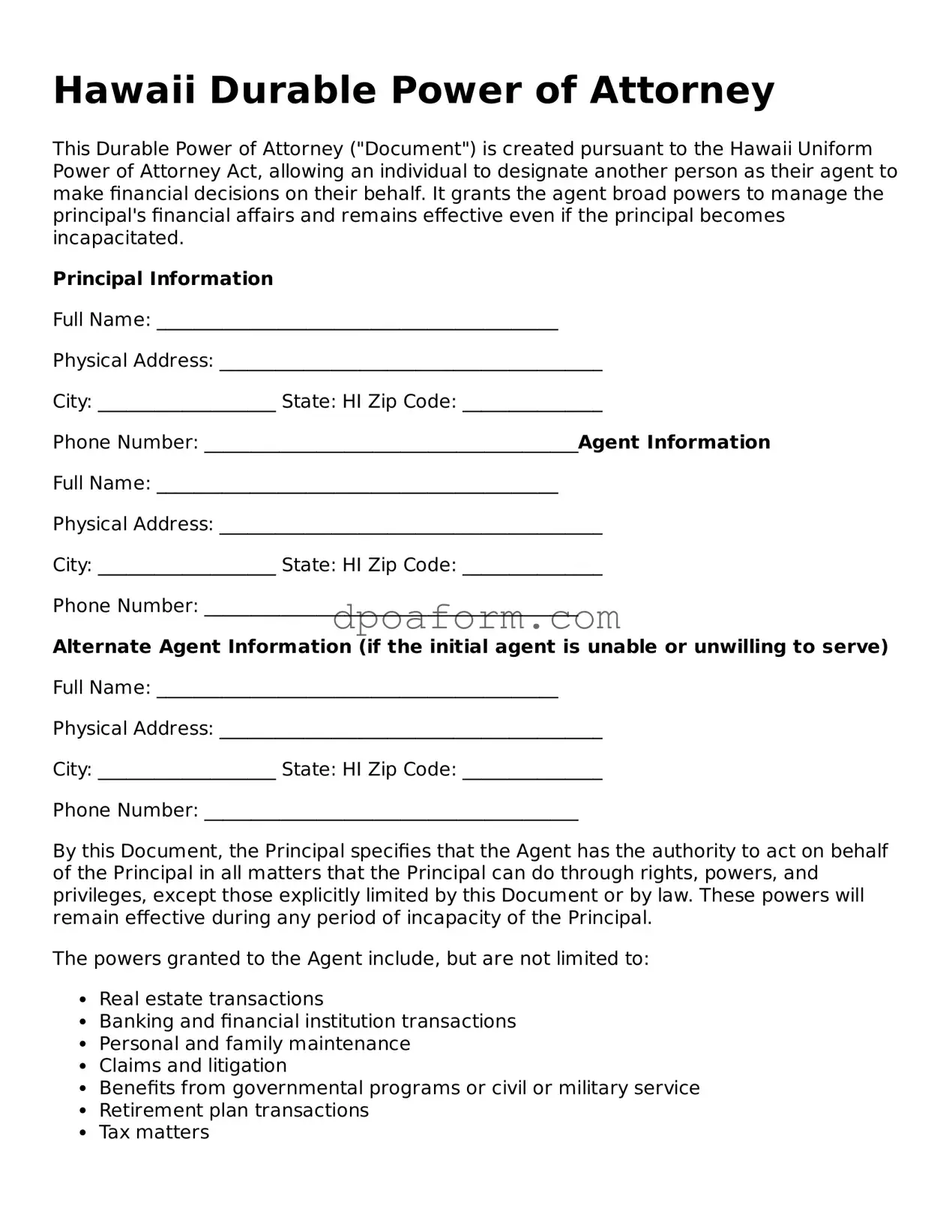 Attorney-Approved Durable Power of Attorney Form for the State of Hawaii