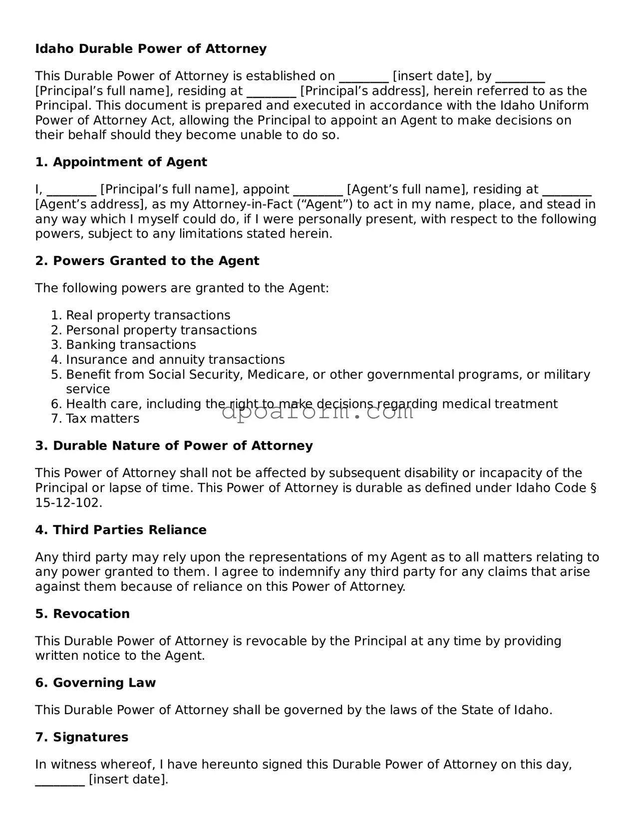 Attorney-Approved Durable Power of Attorney Form for the State of Idaho