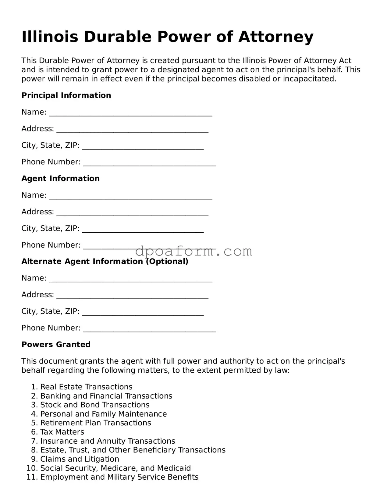 Attorney-Approved Durable Power of Attorney Form for the State of Illinois
