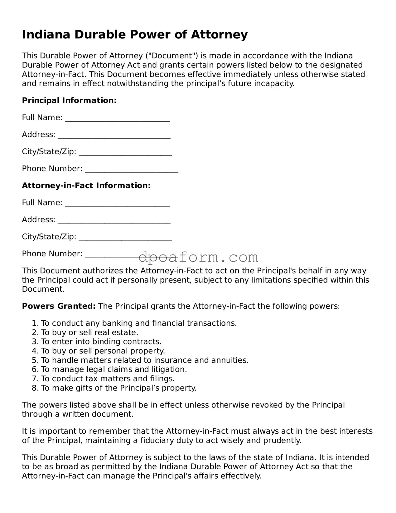 Attorney-Approved Durable Power of Attorney Form for the State of Indiana