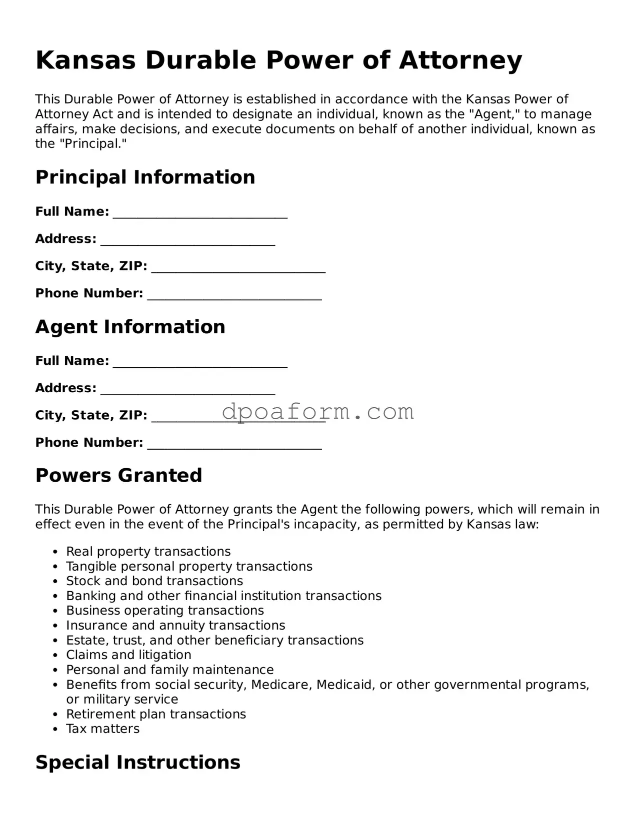 Attorney-Approved Durable Power of Attorney Form for the State of Kansas