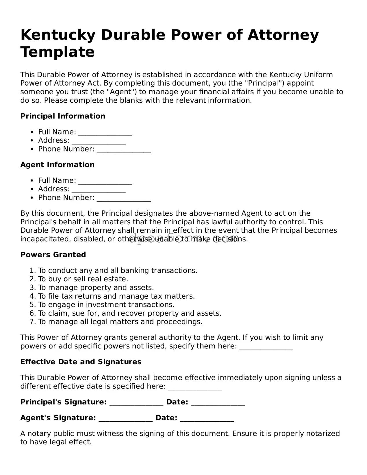 Attorney-Approved Durable Power of Attorney Form for the State of Kentucky