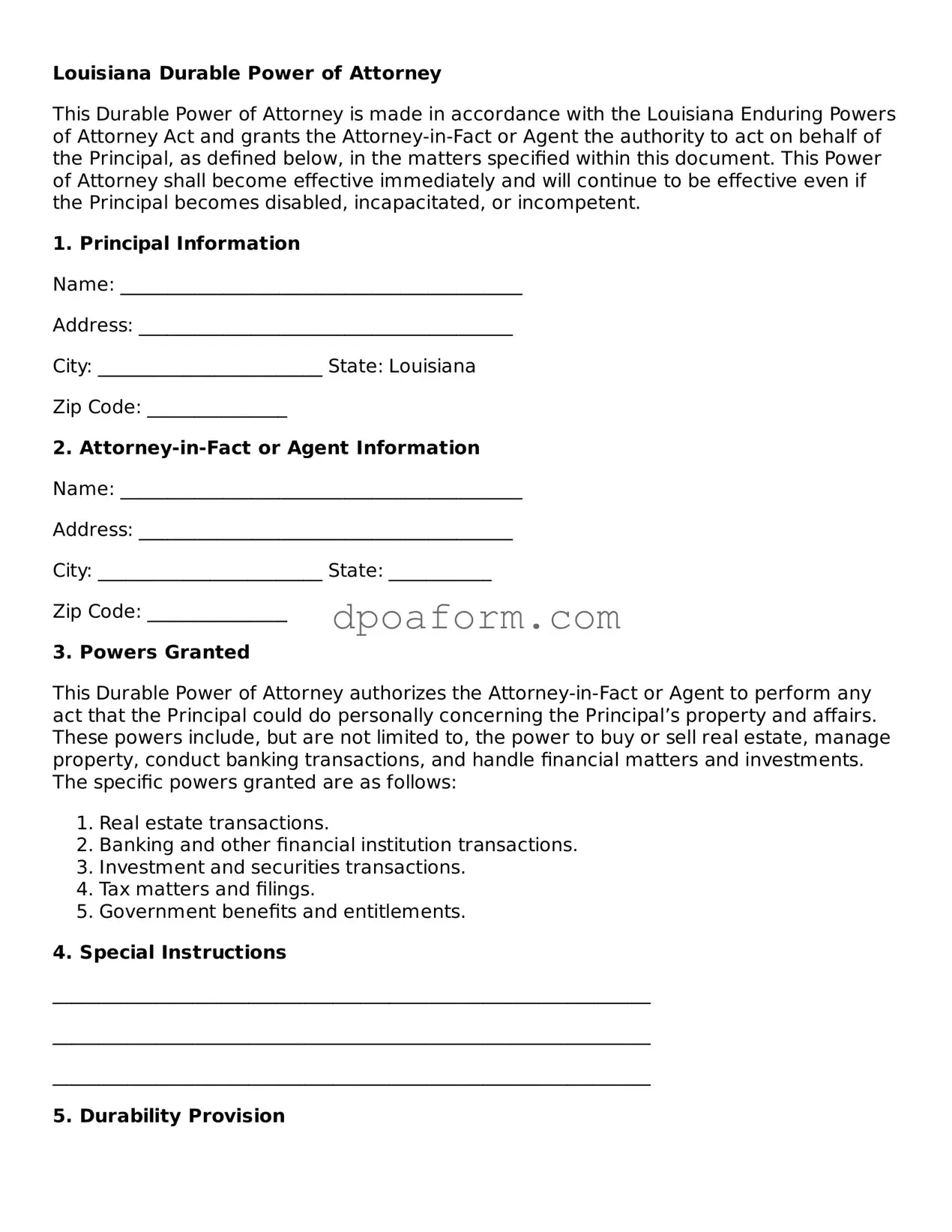 Attorney-Approved Durable Power of Attorney Form for the State of Louisiana