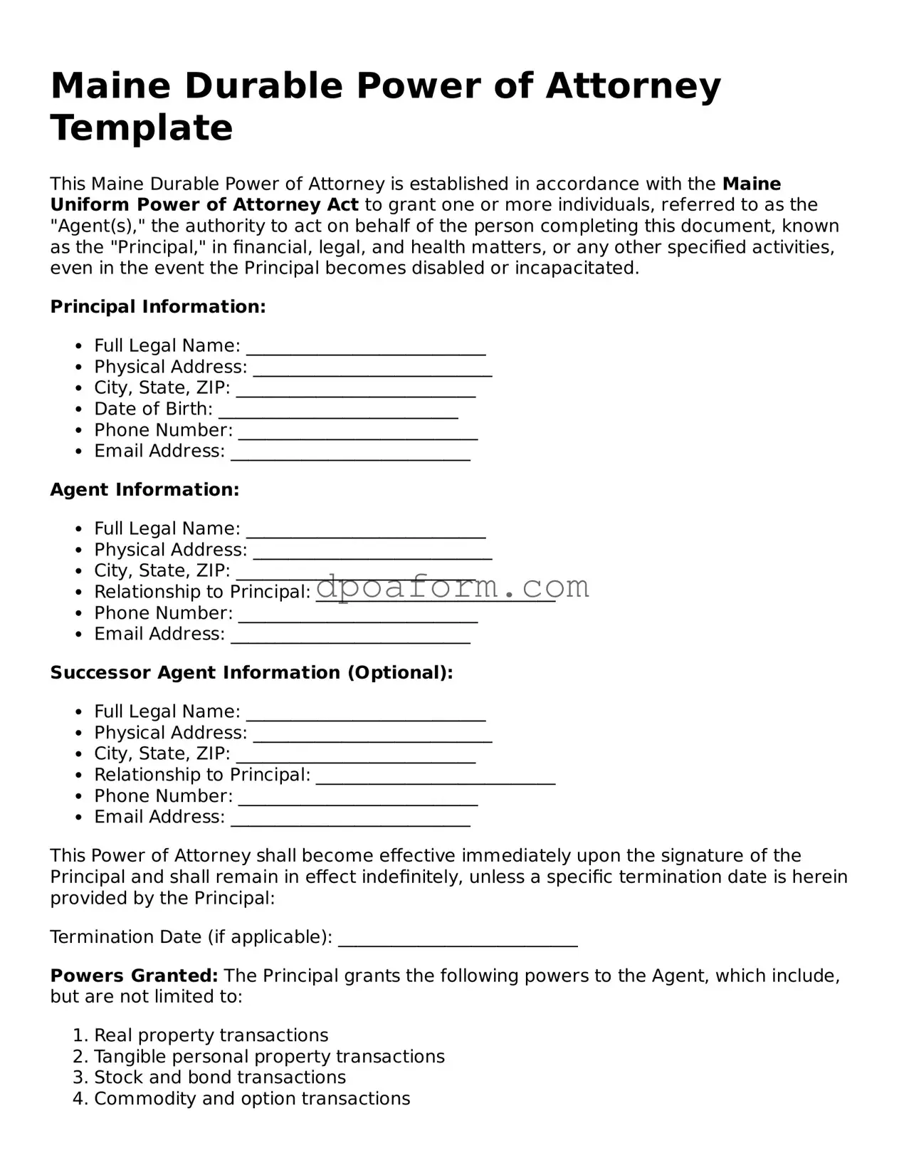 Attorney-Approved Durable Power of Attorney Form for the State of Maine