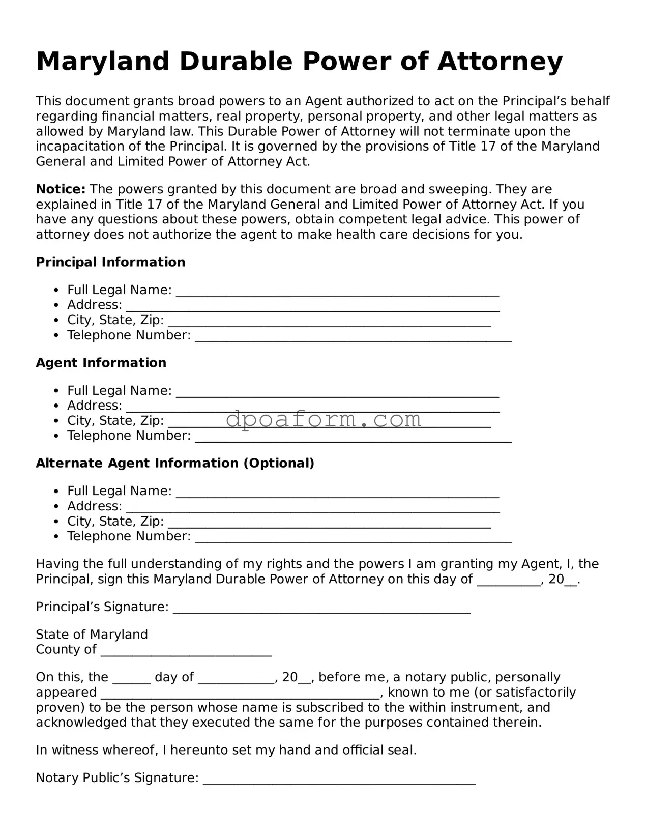 Attorney-Approved Durable Power of Attorney Form for the State of Maryland