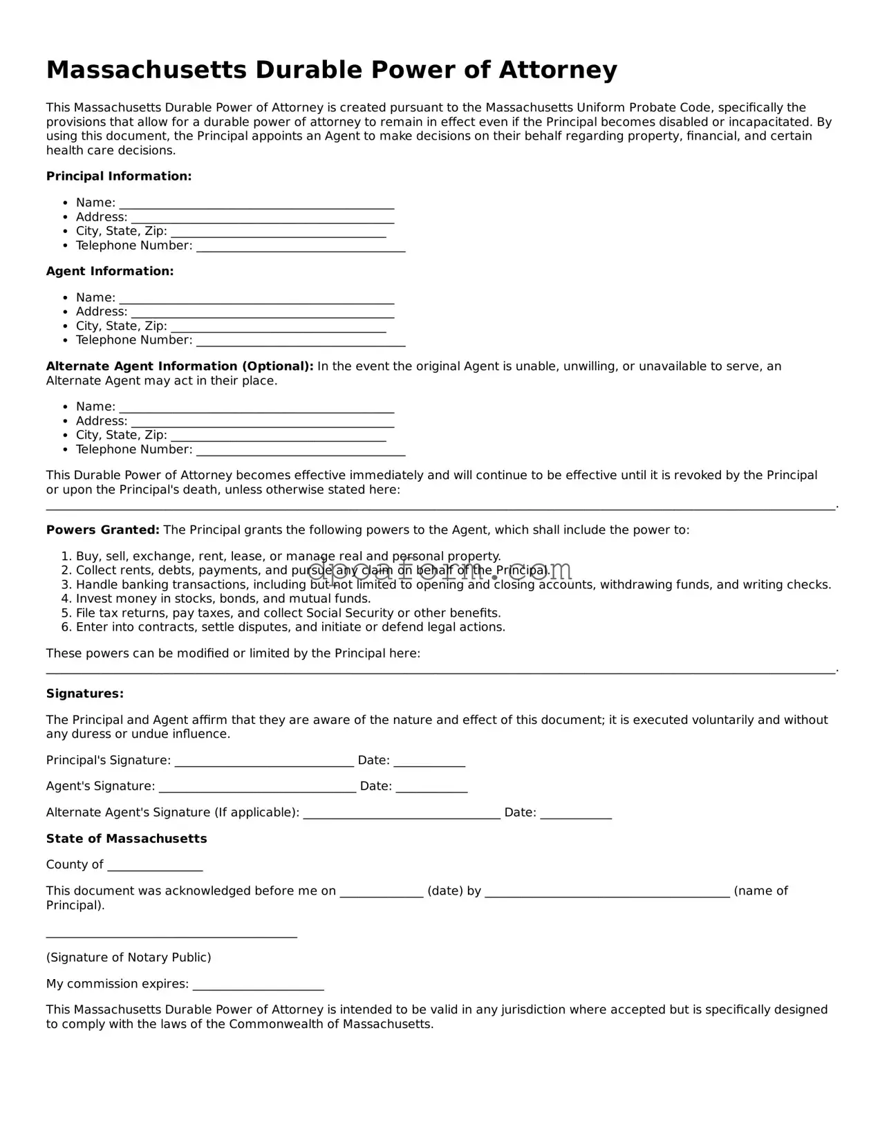 Attorney-Approved Durable Power of Attorney Form for the State of Massachusetts