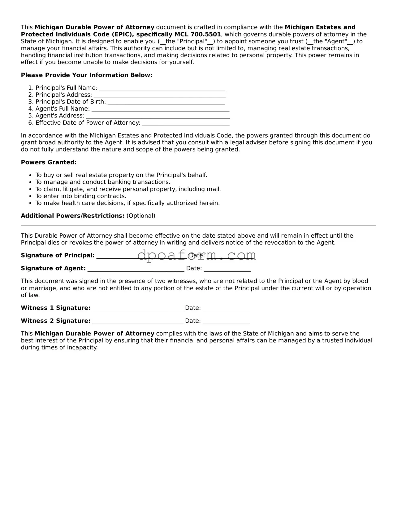 Attorney-Approved Durable Power of Attorney Form for the State of Michigan