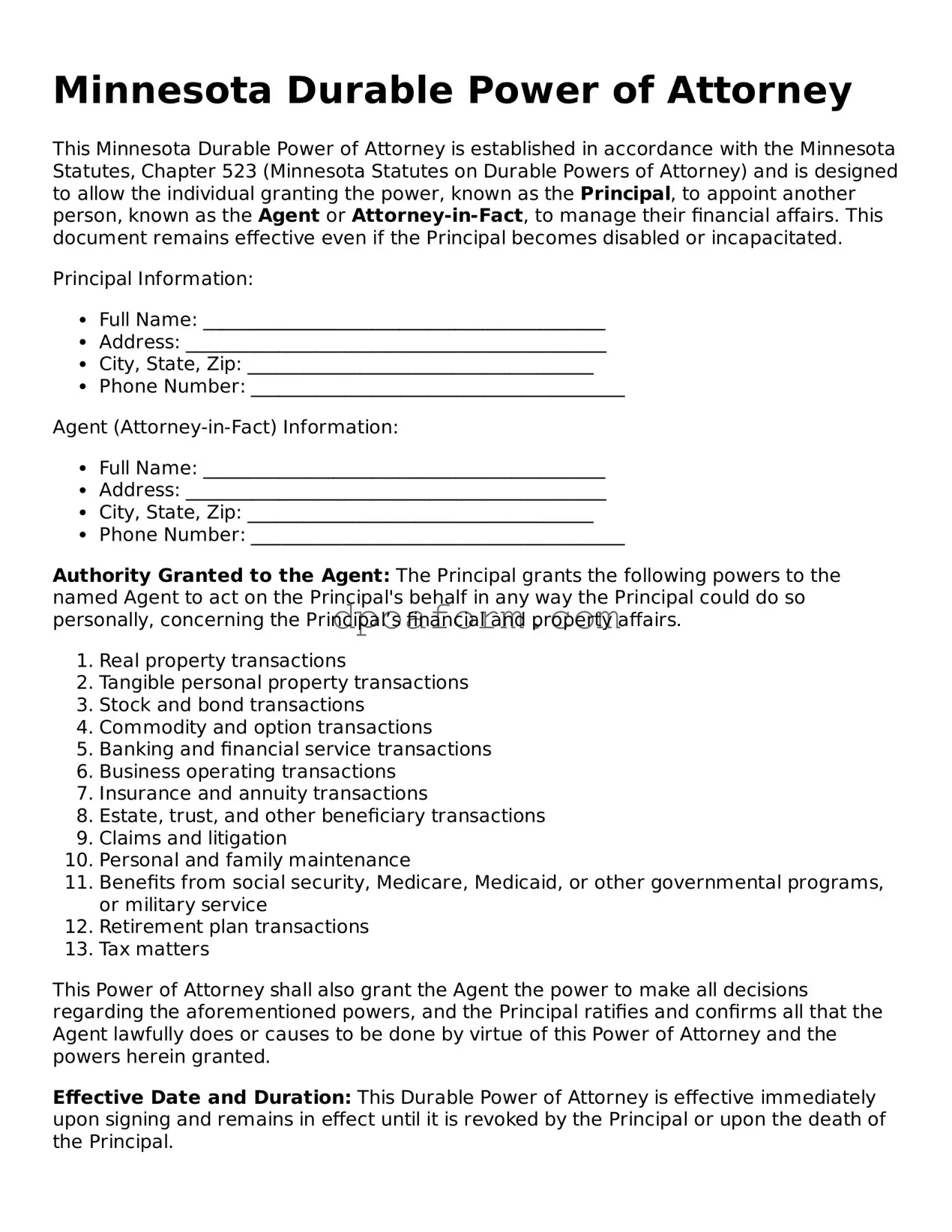 Attorney-Approved Durable Power of Attorney Form for the State of Minnesota