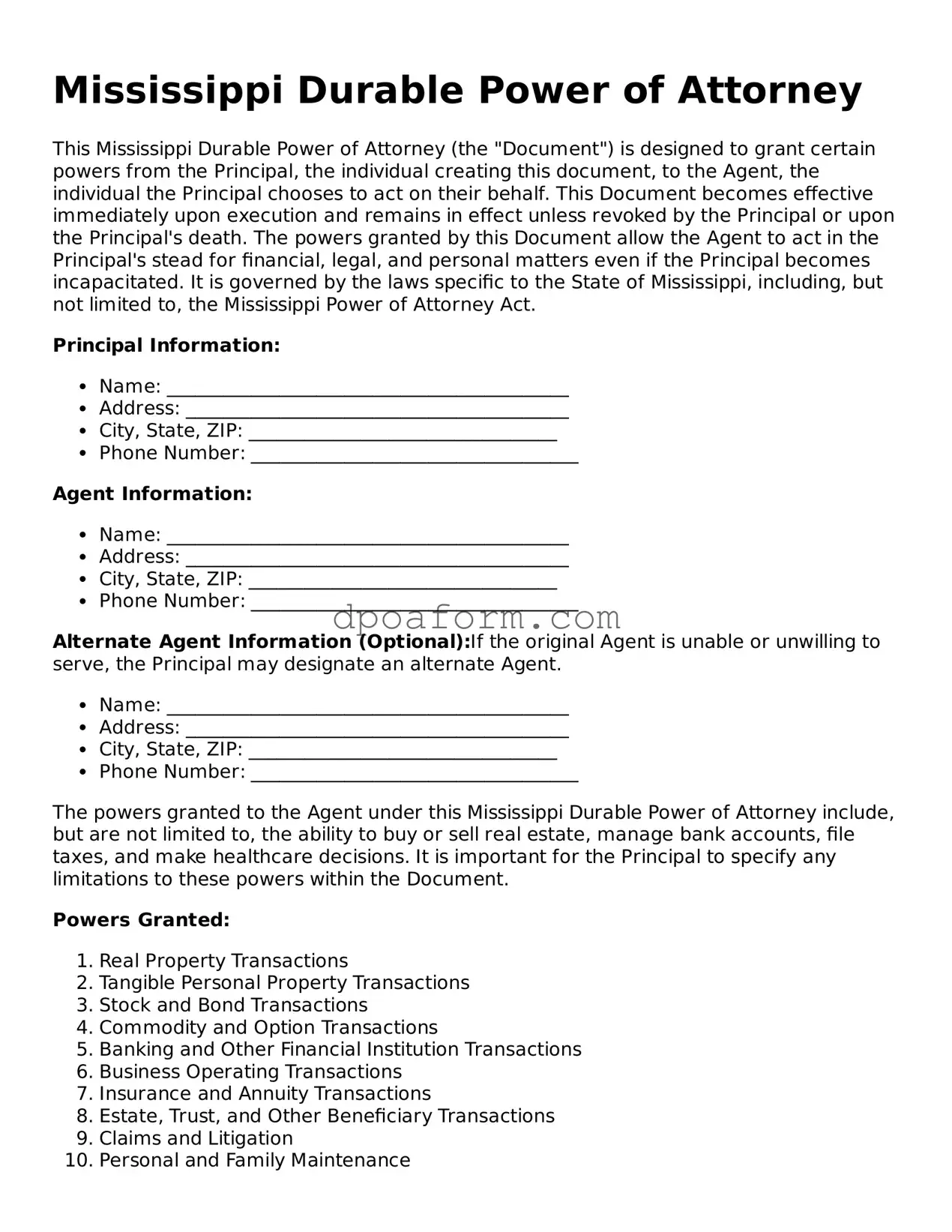 Attorney-Approved Durable Power of Attorney Form for the State of Mississippi