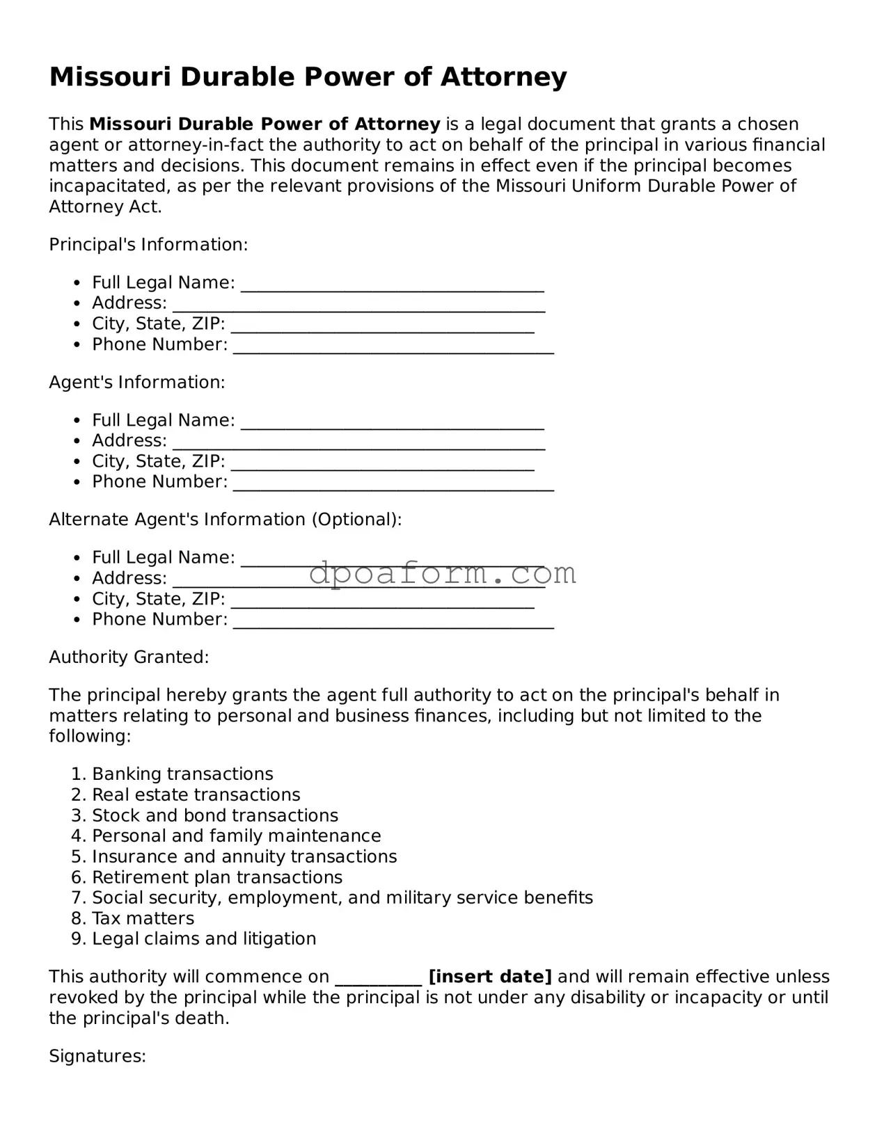 Attorney-Approved Durable Power of Attorney Form for the State of Missouri