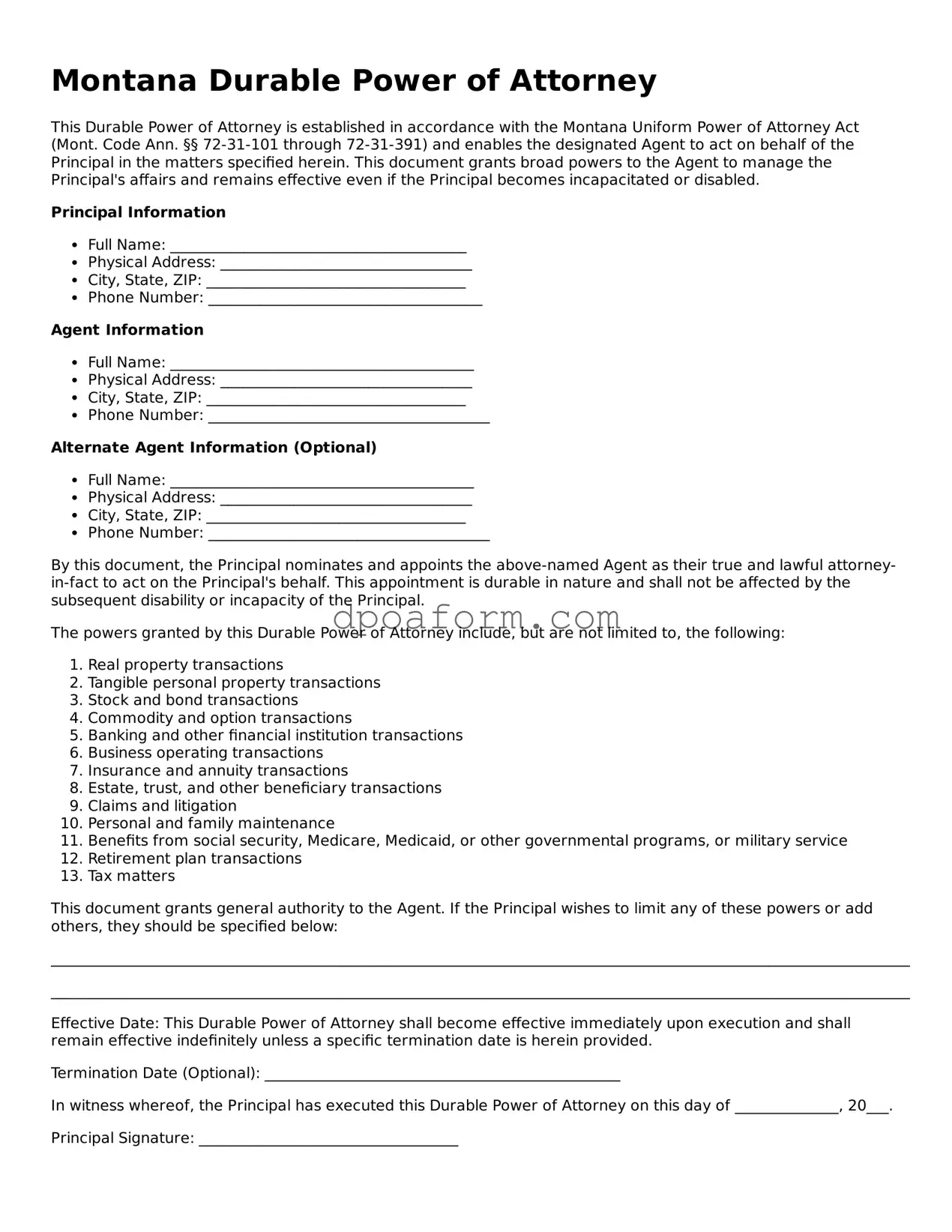 Attorney-Approved Durable Power of Attorney Form for the State of Montana