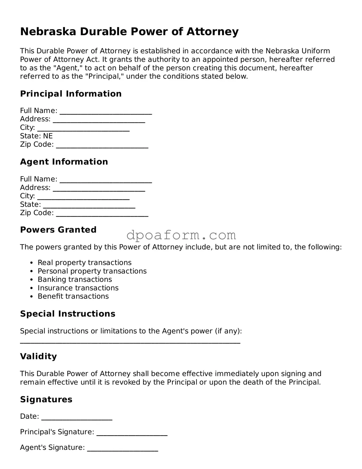 Attorney-Approved Durable Power of Attorney Form for the State of Nebraska