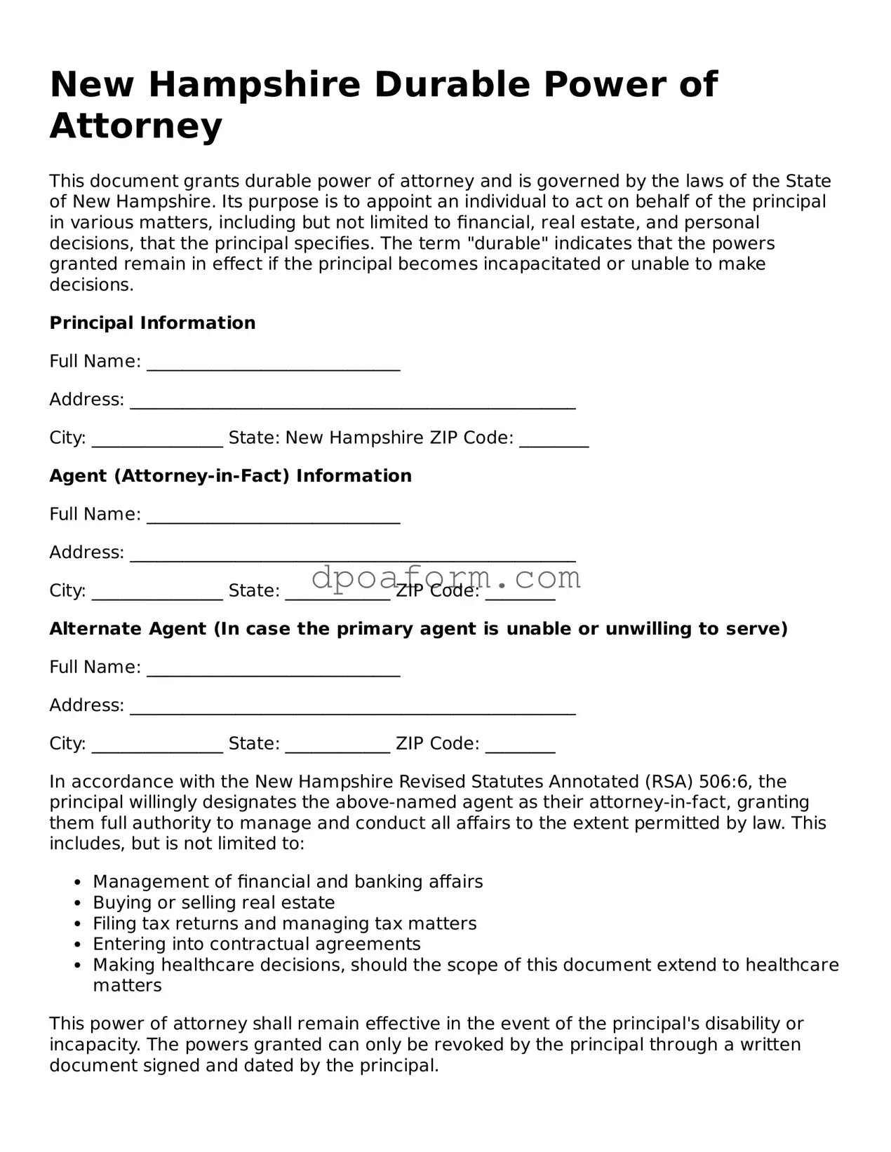 Attorney-Approved Durable Power of Attorney Form for the State of New Hampshire