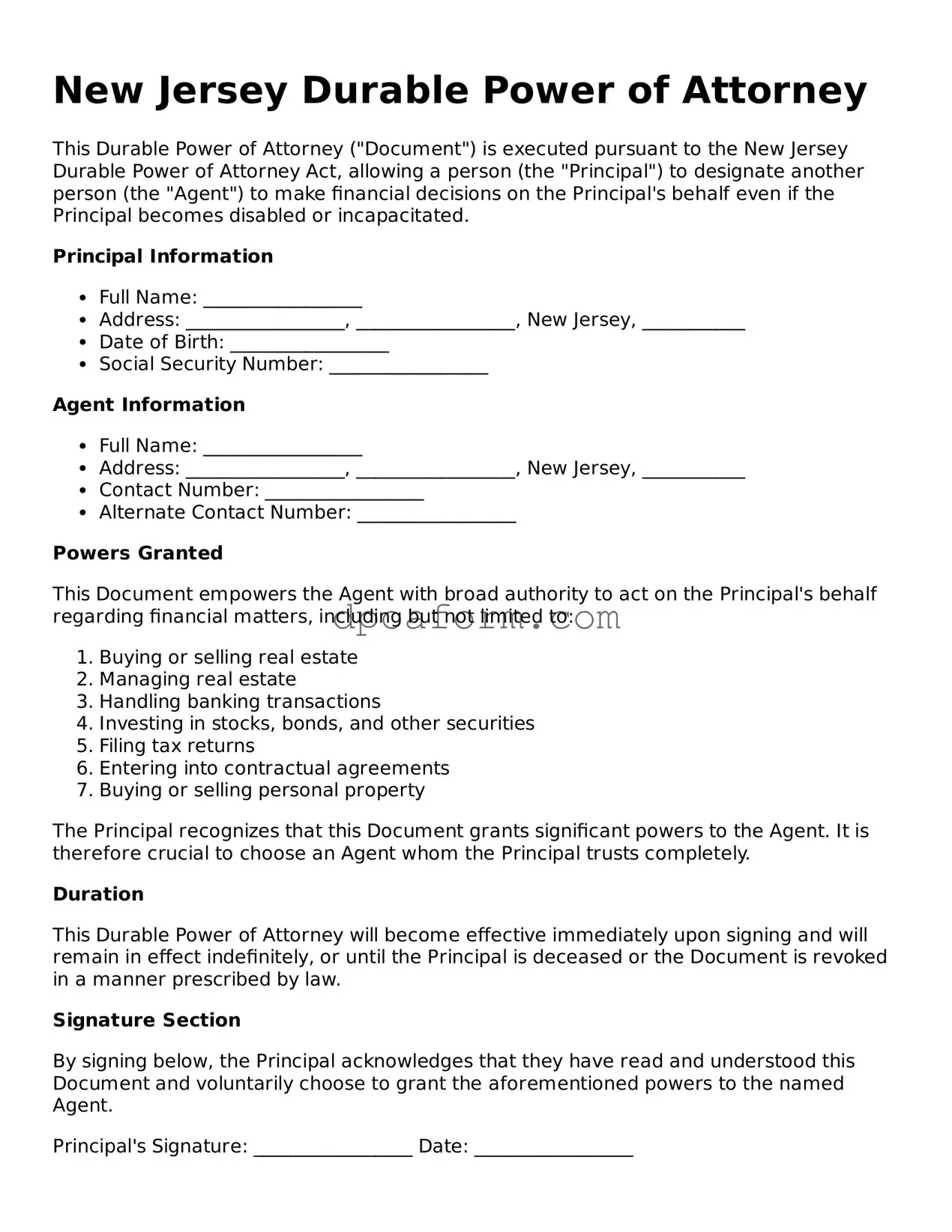 Attorney-Approved Durable Power of Attorney Form for the State of New Jersey