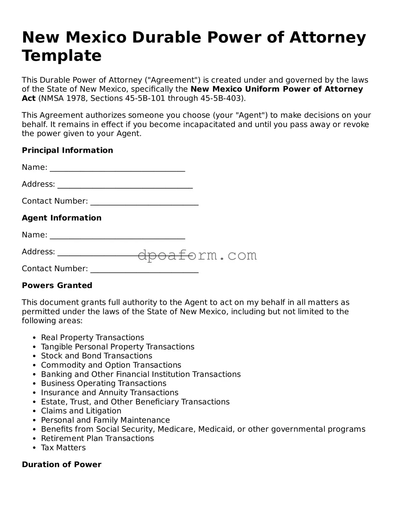 Attorney-Approved Durable Power of Attorney Form for the State of New Mexico