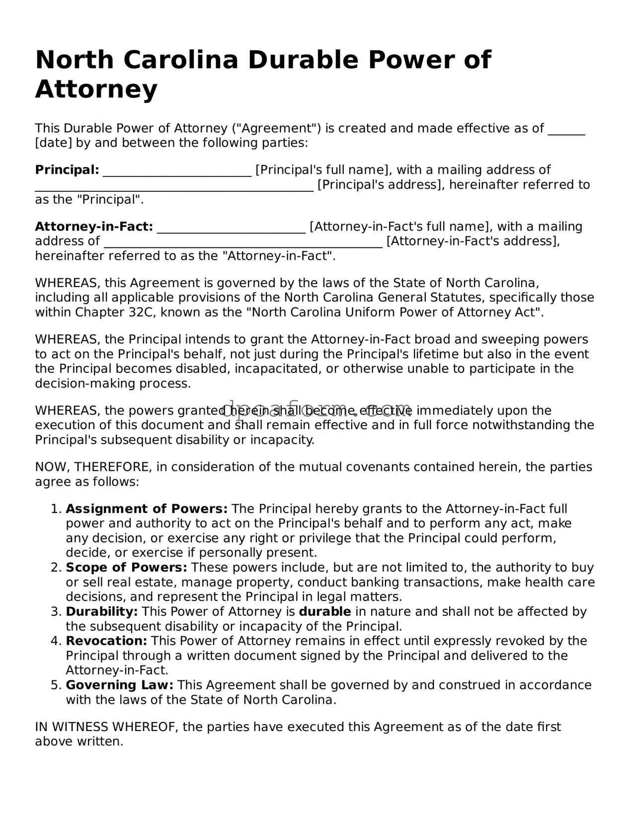 Attorney-Approved Durable Power of Attorney Form for the State of North Carolina