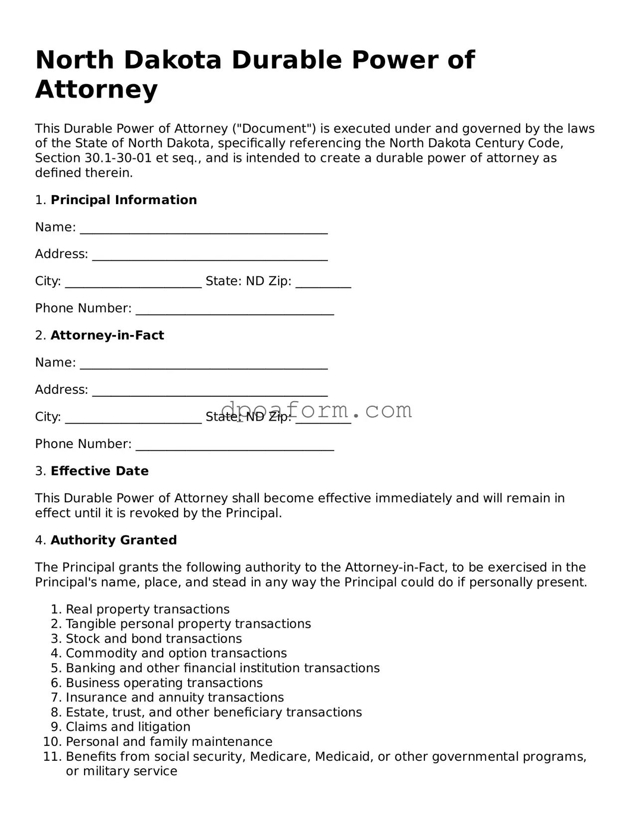 Attorney-Approved Durable Power of Attorney Form for the State of North Dakota