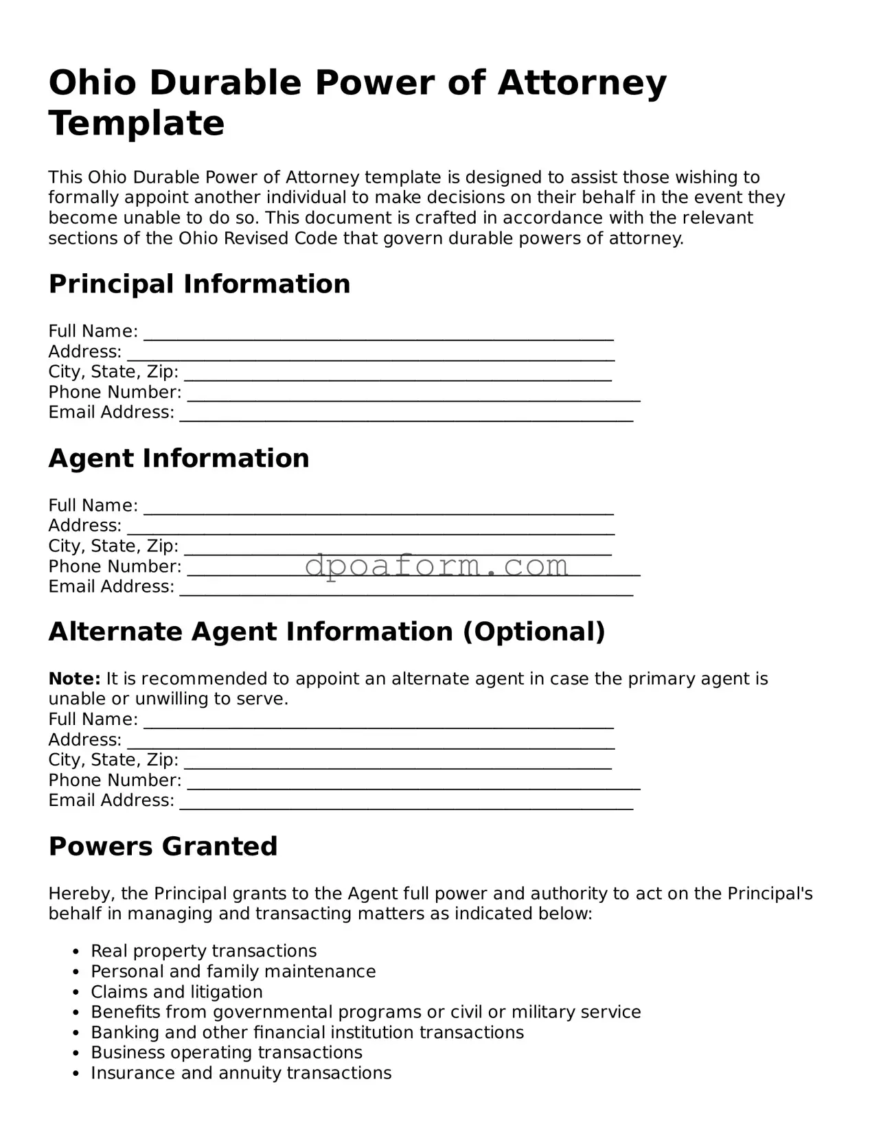 Attorney-Approved Durable Power of Attorney Form for the State of Ohio