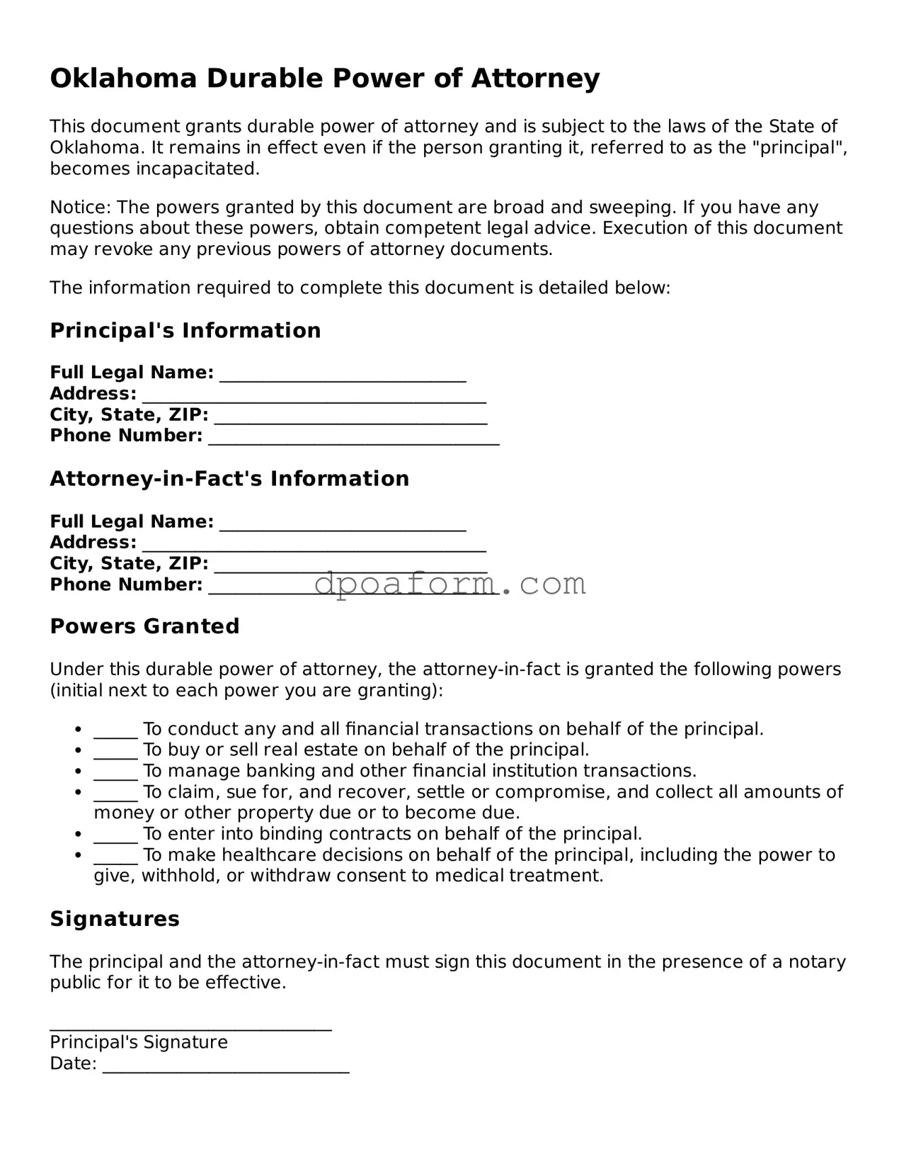 Attorney-Approved Durable Power of Attorney Form for the State of Oklahoma
