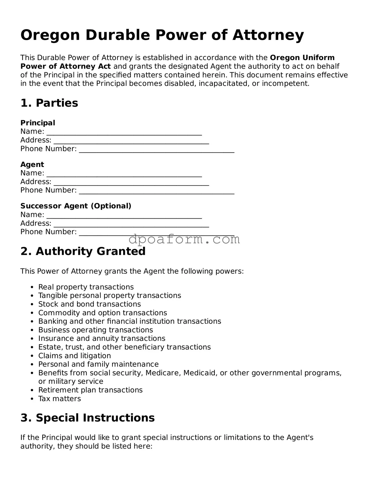 Attorney-Approved Durable Power of Attorney Form for the State of Oregon