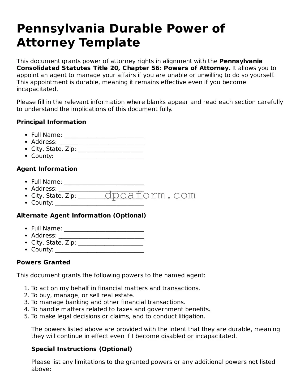 Attorney-Approved Durable Power of Attorney Form for the State of Pennsylvania