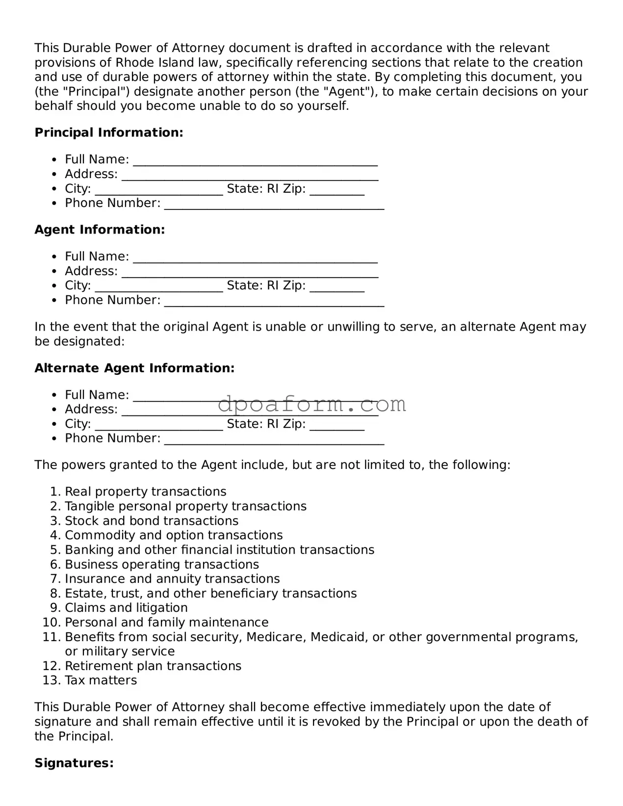 Attorney-Approved Durable Power of Attorney Form for the State of Rhode Island