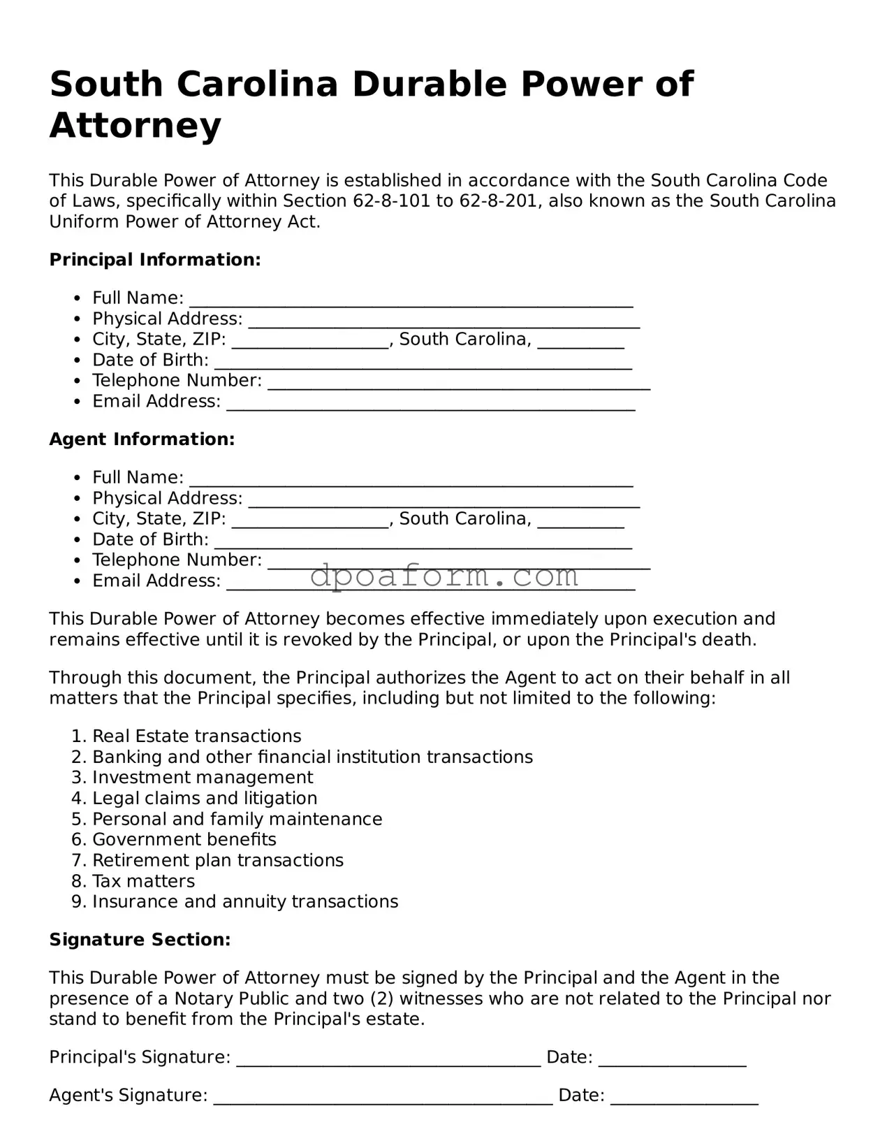 Attorney-Approved Durable Power of Attorney Form for the State of South Carolina