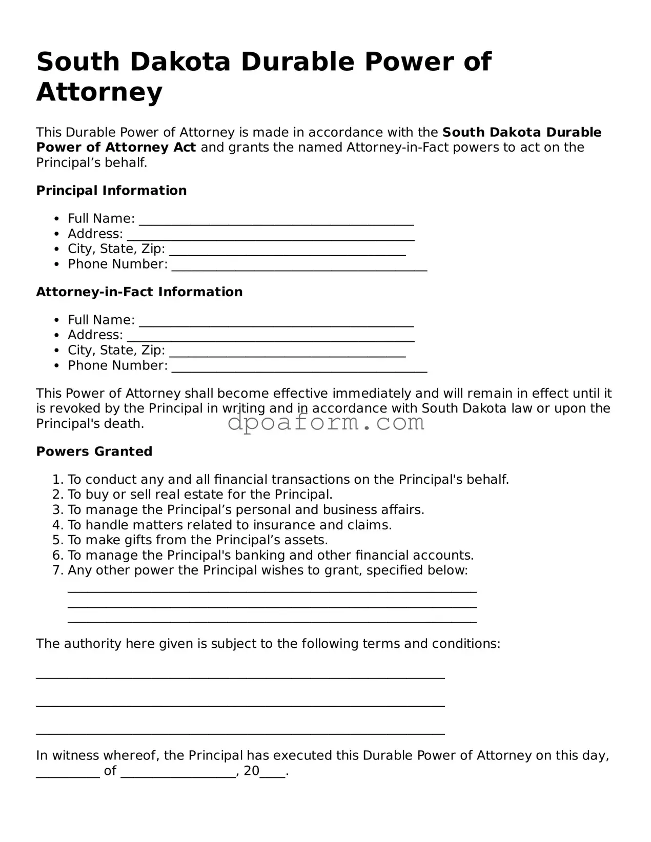 Attorney-Approved Durable Power of Attorney Form for the State of South Dakota