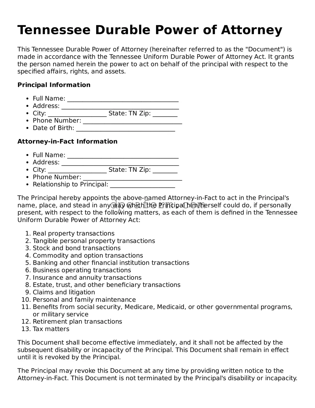 Attorney-Approved Durable Power of Attorney Form for the State of Tennessee