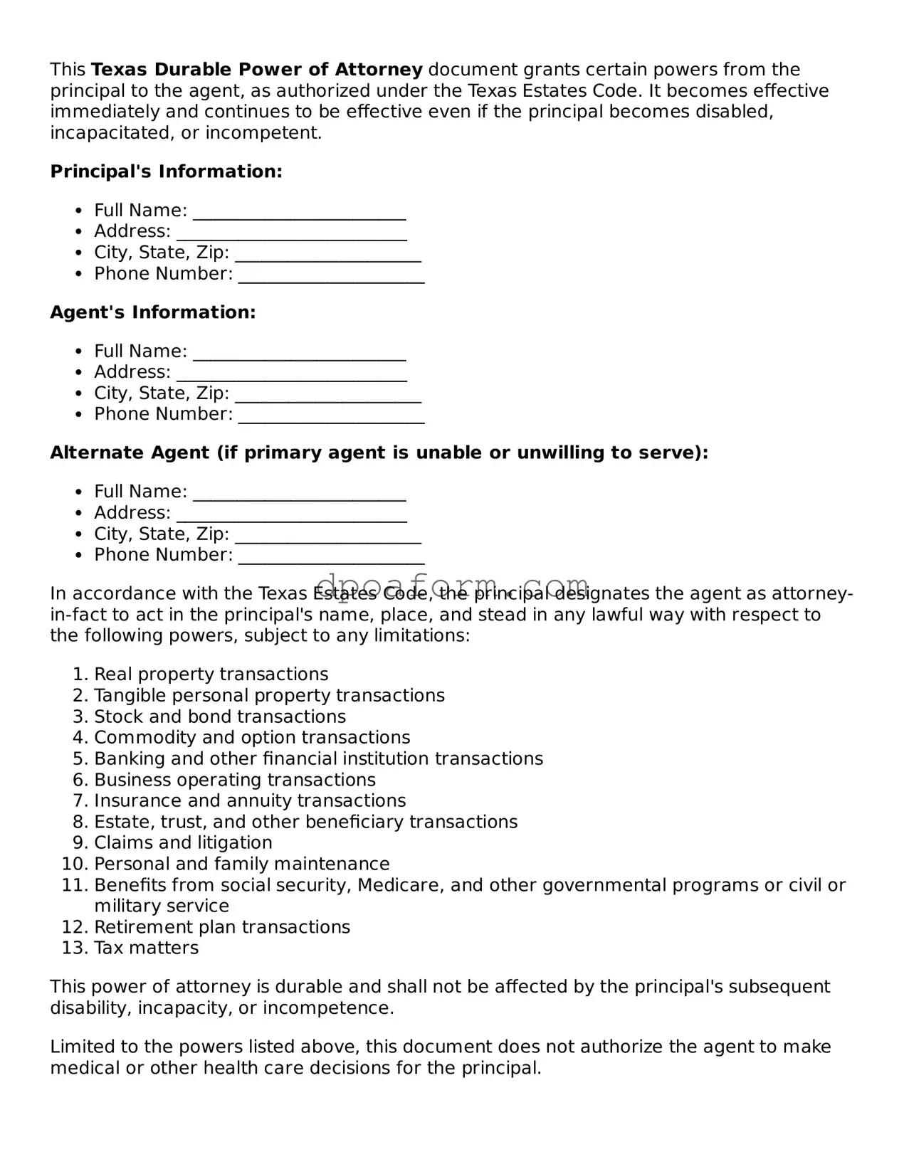Attorney-Approved Durable Power of Attorney Form for the State of Texas