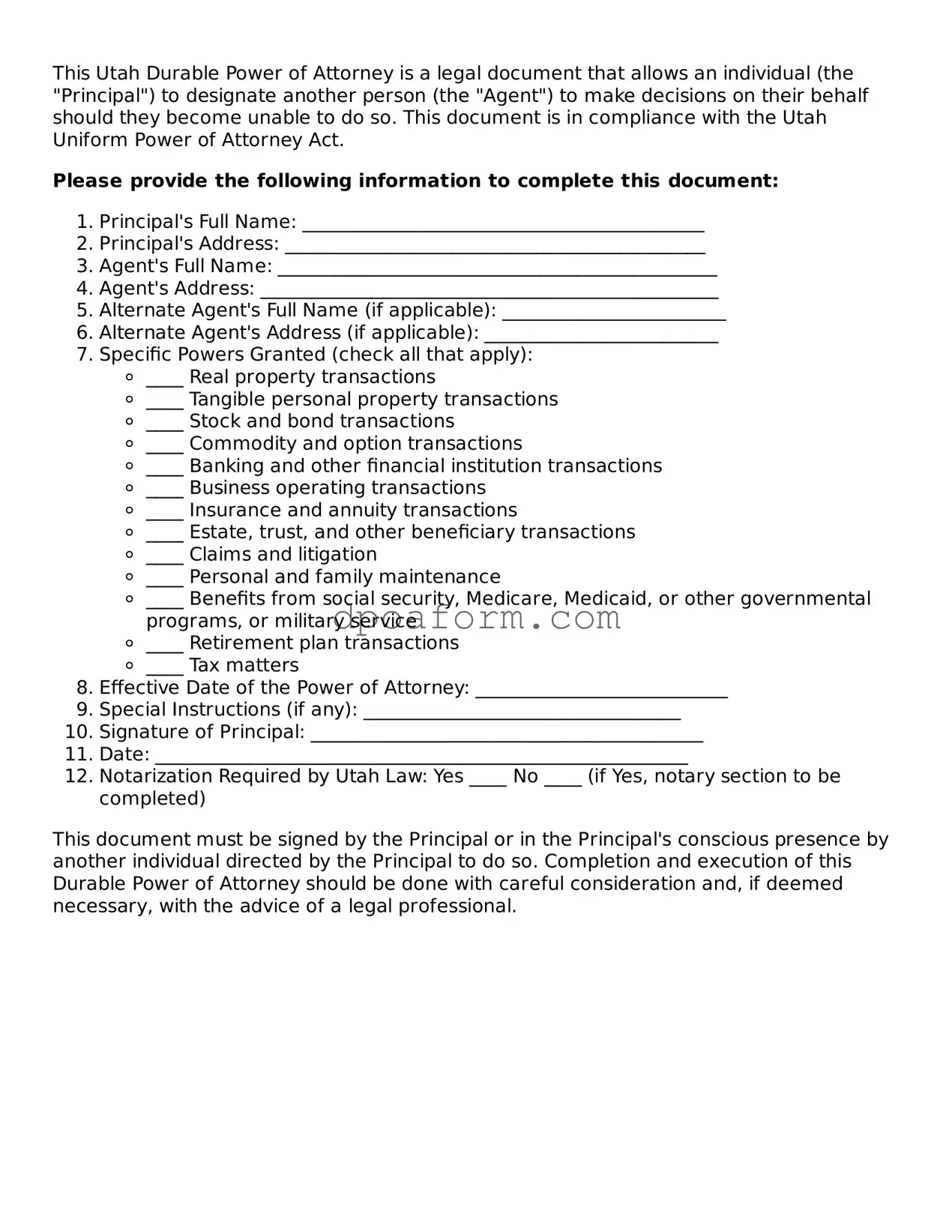 Attorney-Approved Durable Power of Attorney Form for the State of Utah
