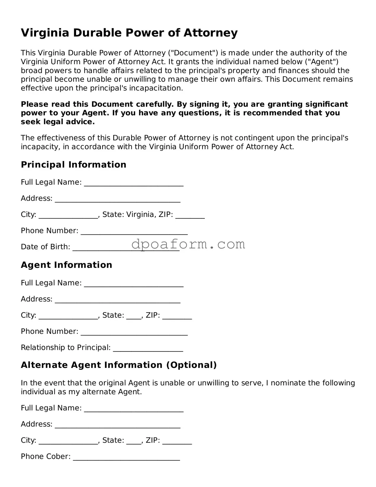 Virginia durable power of attorney form durable power of attorney