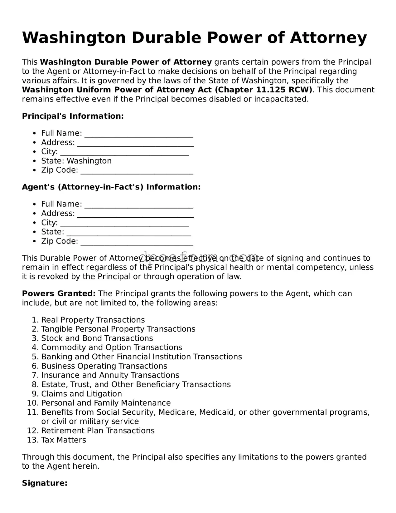 Attorney-Approved Durable Power of Attorney Form for the State of Washington