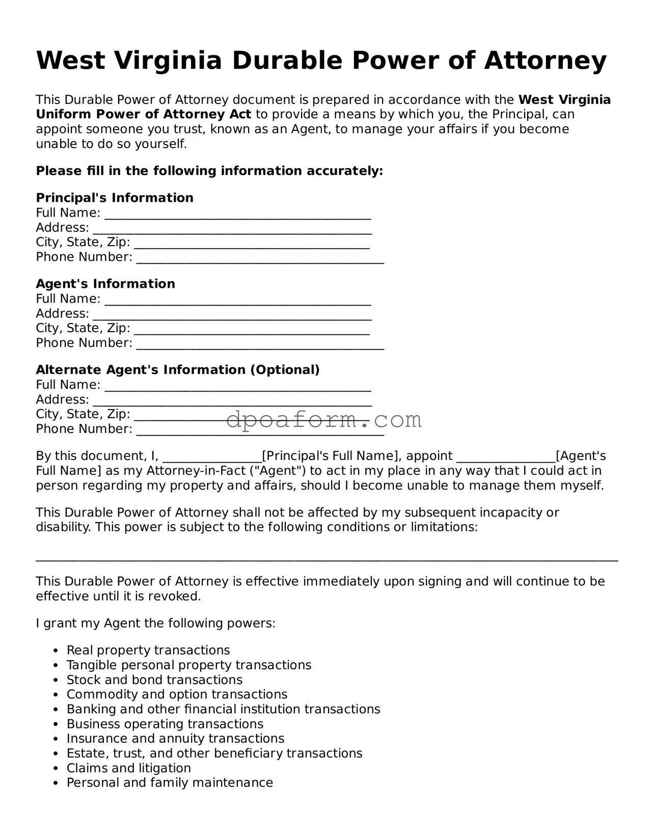 Attorney-Approved Durable Power of Attorney Form for the State of West Virginia