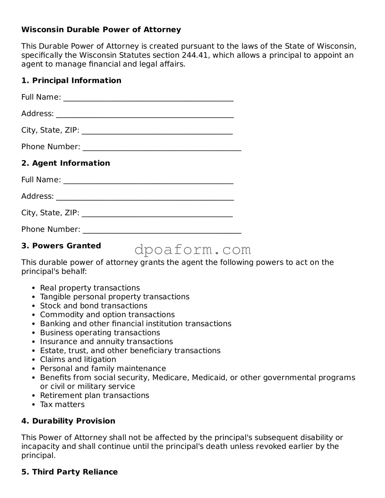 Attorney-Approved Durable Power of Attorney Form for the State of Wisconsin