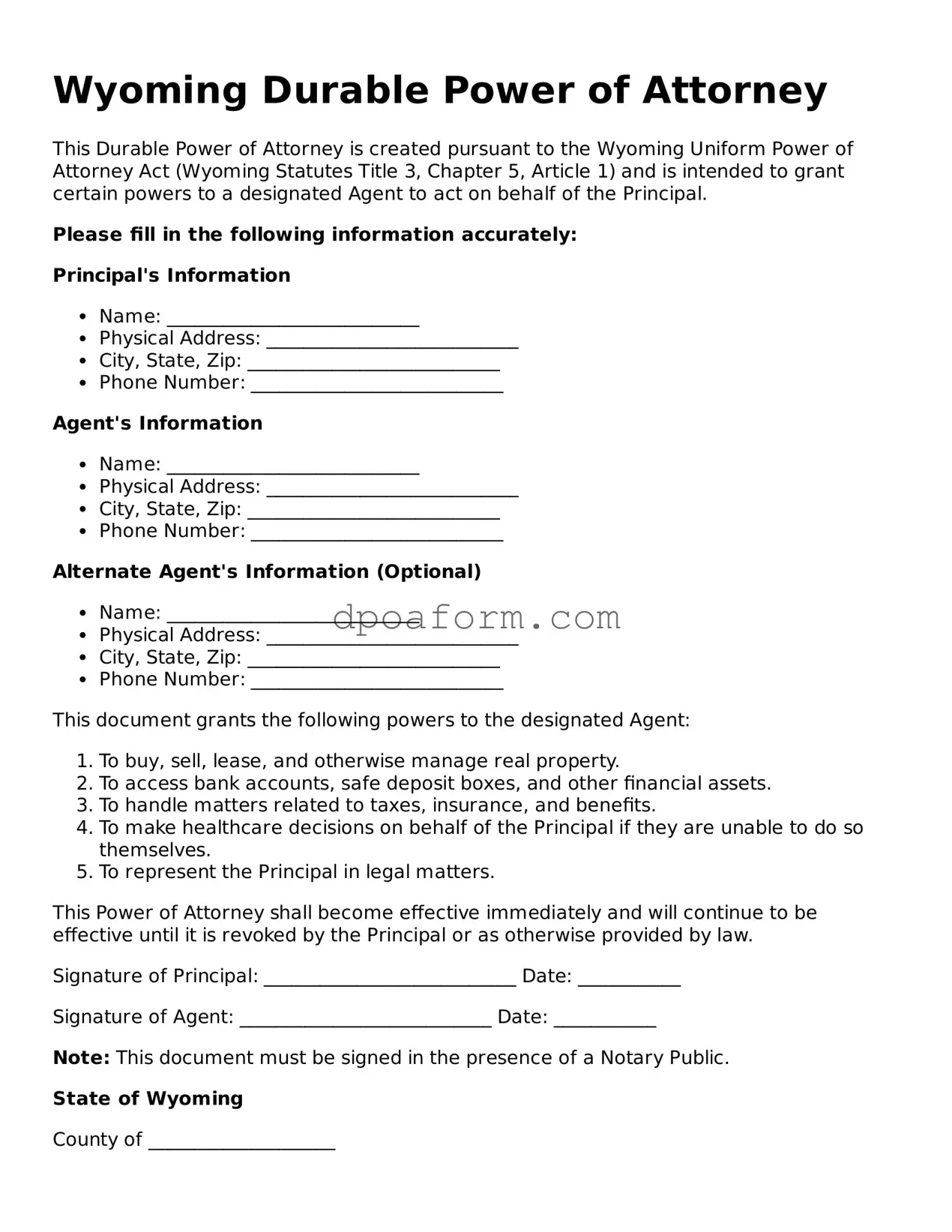 Attorney-Approved Durable Power of Attorney Form for the State of Wyoming